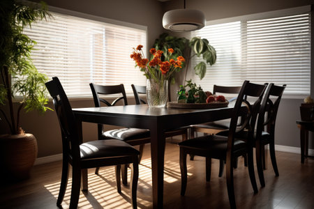 Interior of modern dining room with wooden table, chairs and flowersの素材