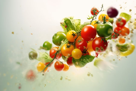 Colorful cherry tomatoes falling and splashing on a white background.の素材