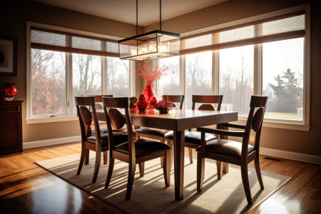 Dining room interior with wooden table, chairs and window with countryside viewの素材