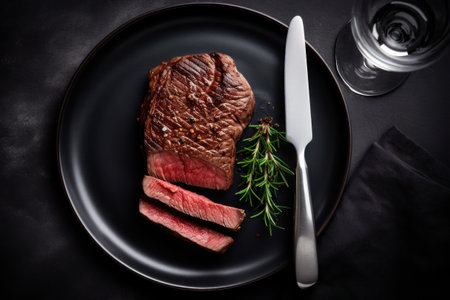 Grilled beef steak with rosemary and knife on a black plateの素材