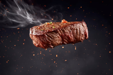 Flying piece of beef steak on black background with smoke and fire.の素材