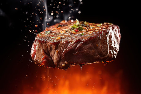 Grilled beef steak with spices on fire background, close-upの素材