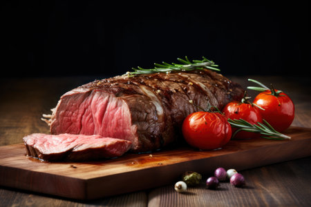 Grilled beef steak with rosemary and tomatoes on wooden cutting boardの素材