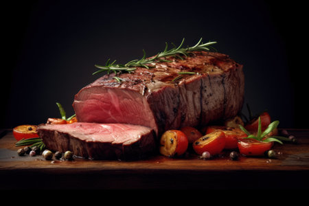 roast beef with rosemary and vegetables on wooden board over black backgroundの素材