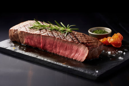 Grilled beef steak with spices and herbs on a black background.の素材