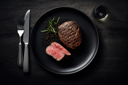 Grilled beef steak with rosemary and spices on a black plateの素材