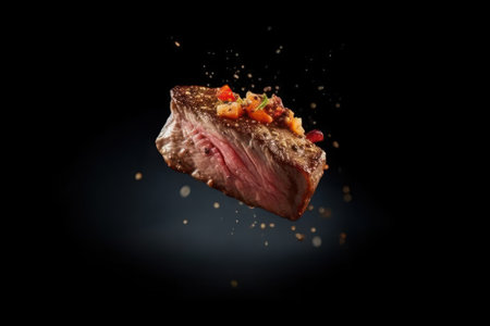 Steak with splashes on a black background. Isolated.の素材