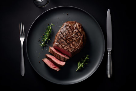 Steak with rosemary and knife on black background, top viewの素材