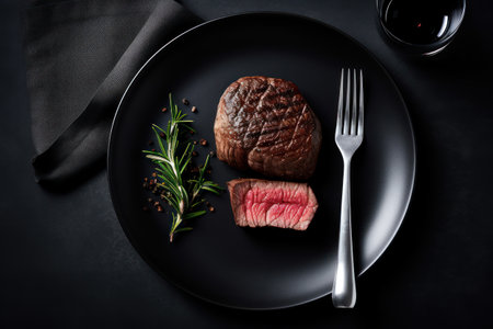 Grilled beef steak with rosemary and spices on black plate, top viewの素材