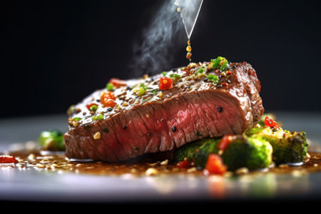 Beef Steak with Vegetables on a Black Background. Toned.の素材