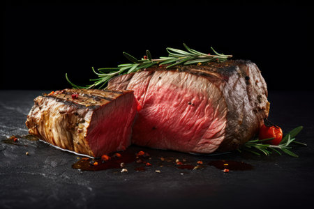 Grilled beef steak with rosemary and spices on a black backgroundの素材