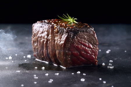 Beef steak with rosemary and salt on a black background.の素材