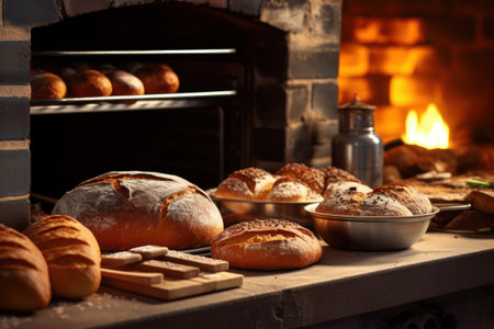 Bread in front of a fireplace in a country house. Bakeryの素材
