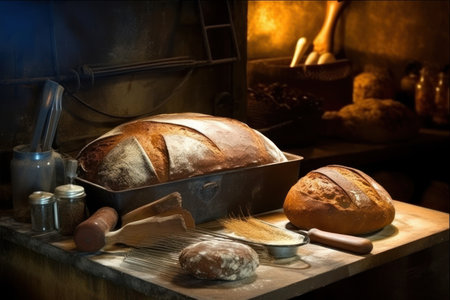 Freshly baked bread in a bakery. Bakery and cooking concept.の素材