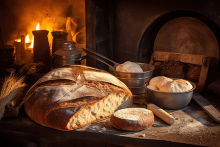 Bread in front of a fire in a fireplace. Bakeryの素材