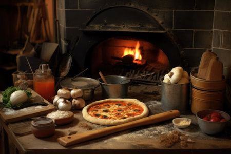 Pizza on a wooden table in front of a fireplace with ingredients for pizzaの素材