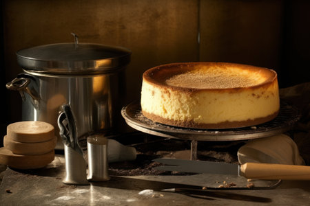 Creamy cheesecake on a table in a rustic settingの素材