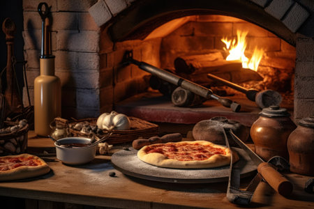 Pizza in front of a fireplace in a country style house.の素材