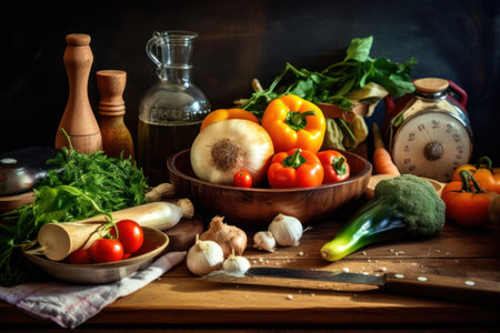 Still life with fresh vegetables and kitchen utensils on wooden tableの素材