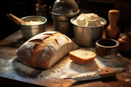 Bread, flour and kitchen utensils on the wooden tableの素材