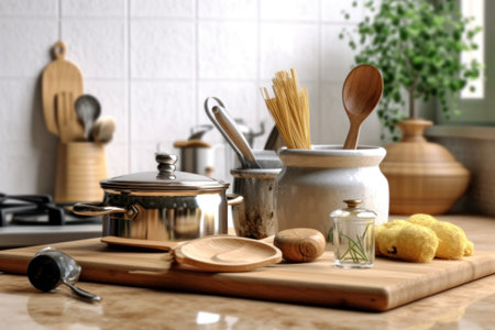 Set of kitchen utensils on wooden table in modern kitchen interiorの素材