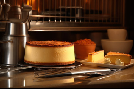 Delicious cheesecake on kitchen table, closeup. Luxury dessertの素材