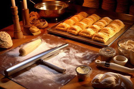 Bakery products on a wooden table with rolling pin and rolling pinの素材