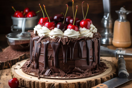 Chocolate cake with cherries and whipped cream on a wooden backgroundの素材