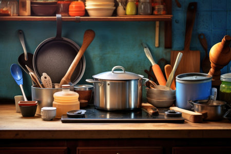kitchen utensils on a table in a rustic kitchenの素材