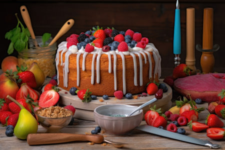 Homemade cake with fresh berries on wooden background. Selective focus.の素材