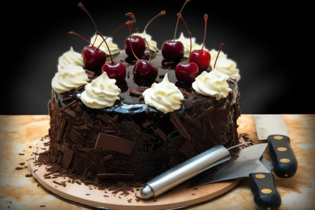 Chocolate cake with cherries and whipped cream on a dark backgroundの素材