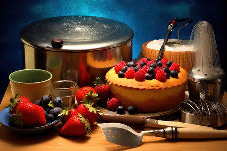 Cheesecake with fresh berries on wooden table with blue background.の素材