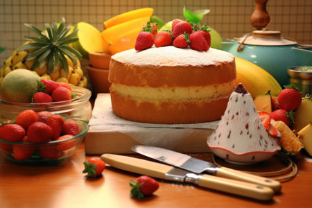 Cake with fresh strawberries and other fruits on a wooden table.の素材