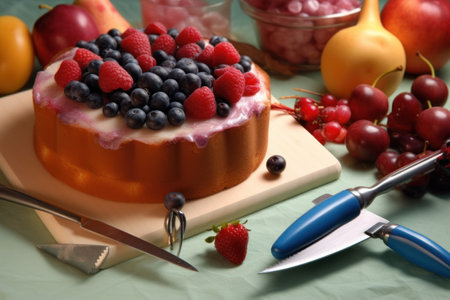 Cake decorated with fresh berries and fruits on the table in the kitchenの素材