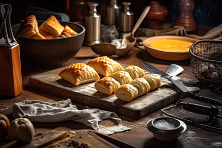 Baked croissants on a wooden table. Selective focus.の素材