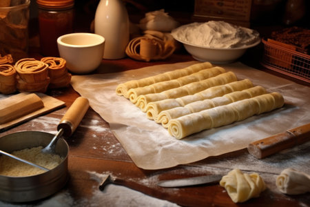 Preparation of homemade croissants on a wooden table.の素材