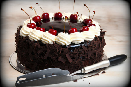 Chocolate cake with cherries on a wooden background. Toned.の素材