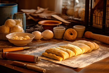 Bakery products. Croissants on the table in the kitchenの素材