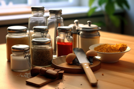 Spices and condiments in glass jars on wooden table in kitchenの素材