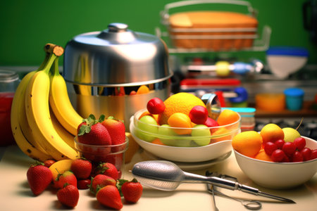 Fruits and kitchen utensils for cooking on a green backgroundの素材
