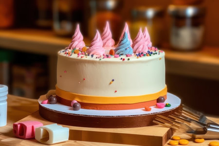 Birthday cake decorated with multicolored cream and candy on wooden backgroundの素材