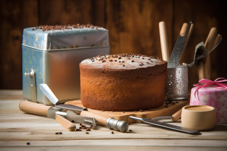 Easter cake on a wooden table with utensils for bakingの素材