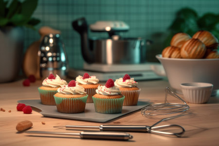 Delicious cupcakes with cream and raspberries on table in kitchenの素材