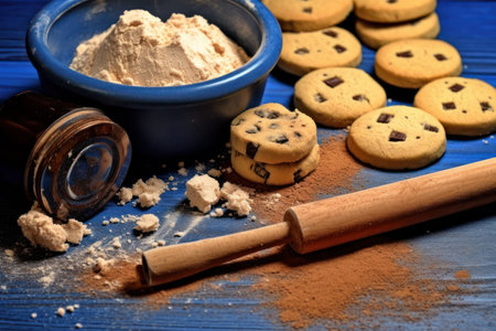Cookies and rolling pin on a blue wooden background. Selective focus.の素材