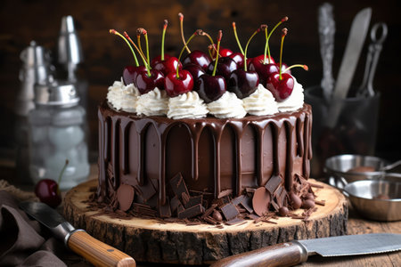 Chocolate cake with cherries and whipped cream on a wooden backgroundの素材