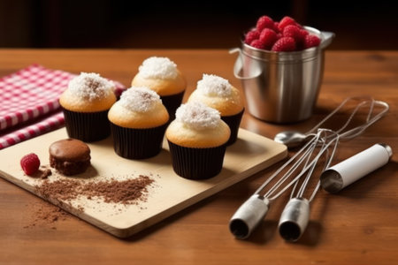 Chocolate muffins with raspberries and cocoa powder on wooden tableの素材
