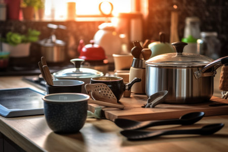 Kitchen utensils and utensils on a wooden tableの素材