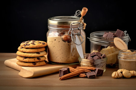 Chocolate chip cookies in glass jar on wooden table and black backgroundの素材