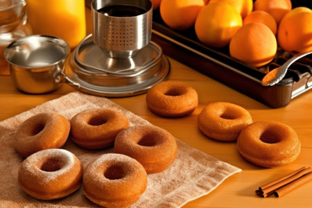 Homemade donuts with apricots and coffee on wooden tableの素材