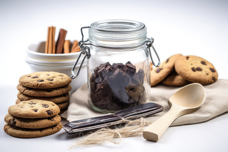 Chocolate chip cookies in a glass jar on a white background.の素材